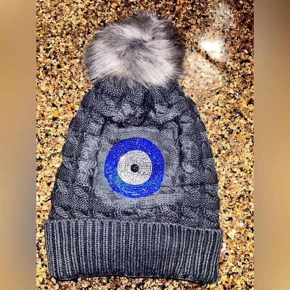 Accessories - Evil Eye cable Knit Beanie with Faux Fur Lined and Pom Pom